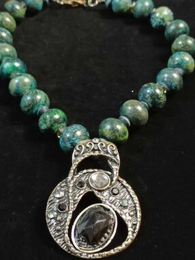 Vintage Style Israeli Eilat Stone Beaded Necklace Artisan Pendant Statement